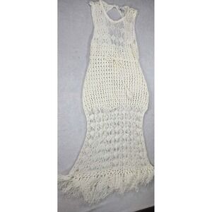 Boho Crochet Maxi Dress Fringe Hem Ivory Festival Beach Cover Up M